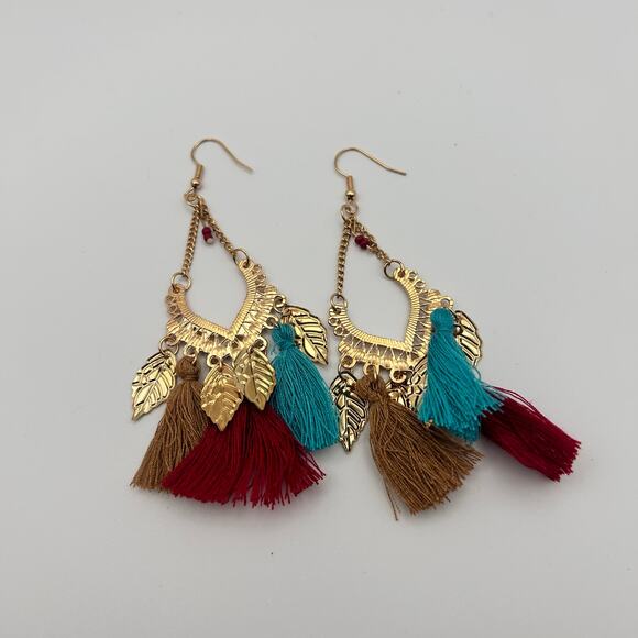 Handmade Multi-colored Tassel Gold Leaf Hook Earrings - Picture 3 of 6